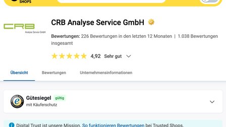 über 1.000 Top-Bewertungen bei Trusted Shops für die CRB Analyse Service GmbH | © CRB Analyse Service GmbH